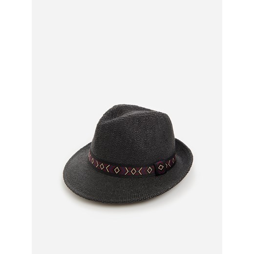 Reserved - Pleciony kapelusz trilby z ozdobną taśmą - Czarny Reserved  M 