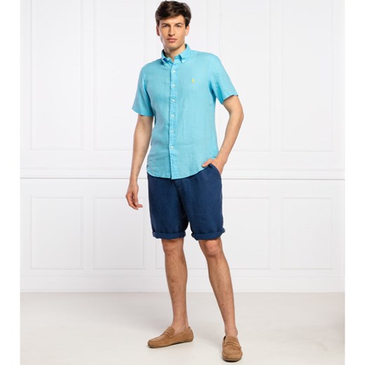 Koszula męska Polo Ralph Lauren niebieska z lnu z krótkim rękawem bez wzorów 