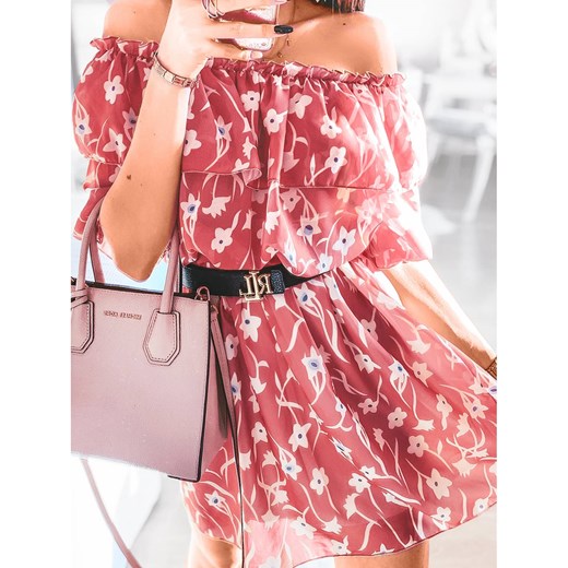Sukienka różowa na spacer z dekoltem typu hiszpanka mini 
