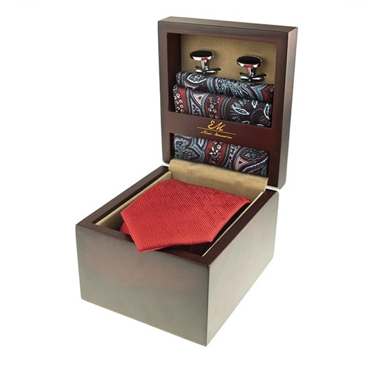 Zestaw Prezentowy dla mężczyzny w kolorze bordowym: krawat + poszetka + spinki zapakowane w pudełko EM 17  Em  EM Men's Accessories