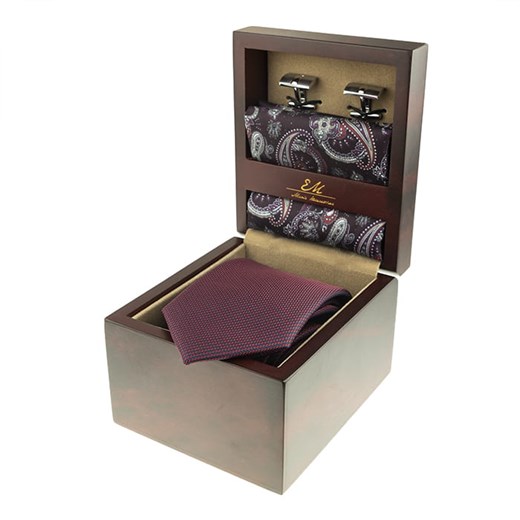 Zestaw Prezentowy dla mężczyzny w kolorze bordowym: krawat + poszetka + spinki zapakowane w pudełko EM 20  Em  EM Men's Accessories