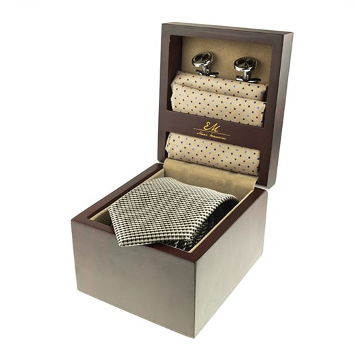 Zestaw Prezentowy dla mężczyzny w kolorze beżowym: krawat + poszetka + spinki zapakowane w pudełko EM 21 Em   EM Men's Accessories