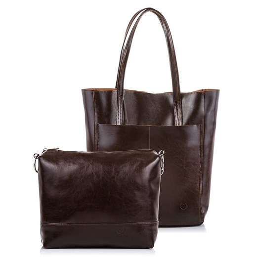 Shopper bag brązowa skórzana bez dodatków na ramię 