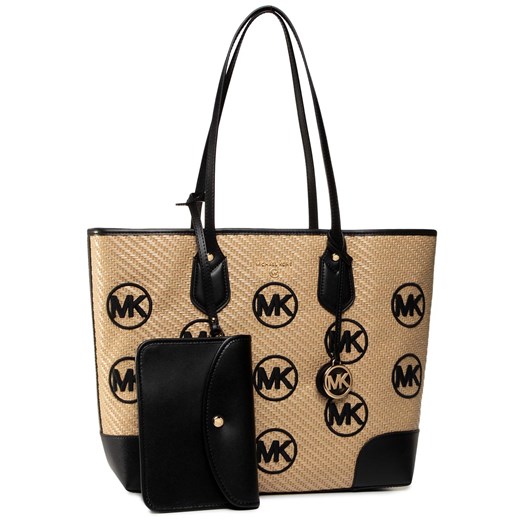 Shopper bag beżowa z breloczkiem mieszcząca a4 ze zdobieniami elegancka 