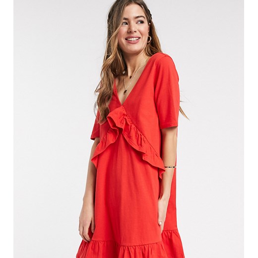 ASOS DESIGN Tall – Czerwona luźna sukienka z dekoltem w kształcie litery V i falbanką-Czerwony