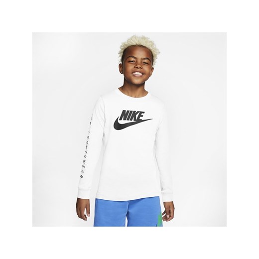 T-shirt z długim rękawem dla dużych dzieci (chłopców) Nike Sportswear - Biel