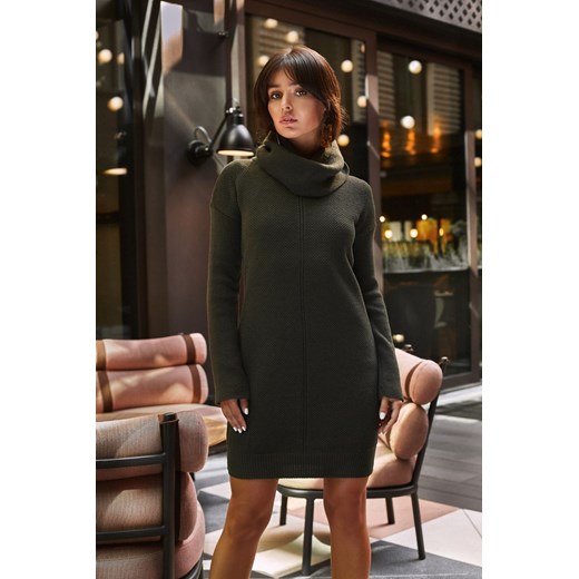 BK010 Swetrowa mini sukienka z golfem - khaki ze sklepu Świat Bielizny w kategorii Sukienki - zdjęcie 85518968