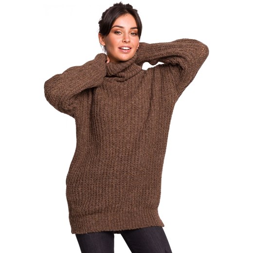 Brązowy sweter damski Be Knit z golfem bez wzorów 