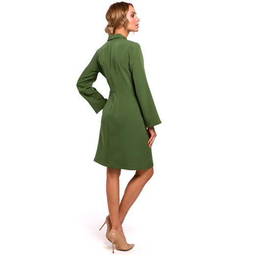 Sukienka Moe zielona do pracy w serek mini tkaninowa z długimi rękawami 