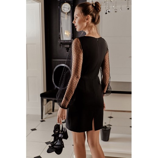 K032 Sukienka z bufiastymi rękawami w groszki - czarna ze sklepu Świat Bielizny w kategorii Sukienki - zdjęcie 85547535