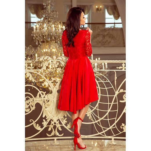 Sukienka Numoco czerwona elegancka z długim rękawem na wesele asymetryczna 