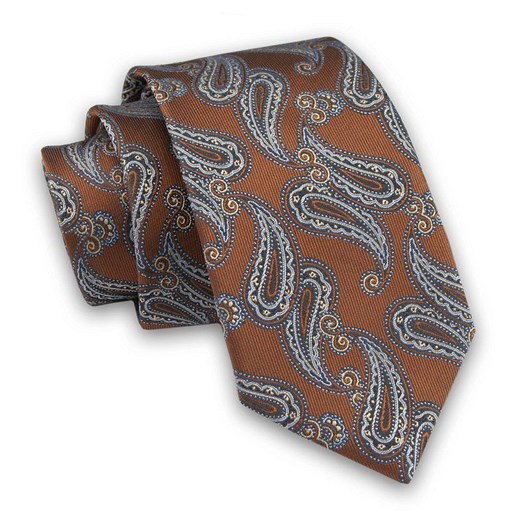 Karmelowy Elegancki Męski Krawat -ALTIES- 7cm, Stylowy, Klasyczny, Wzór Paisley, Łezki KRALTS0455 ze sklepu JegoSzafa.pl w kategorii Krawaty - zdjęcie 85581075