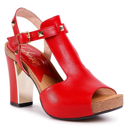Sandały damskie czerwone eleganckie z klamrą na wysokim obcasie letnie gładkie 