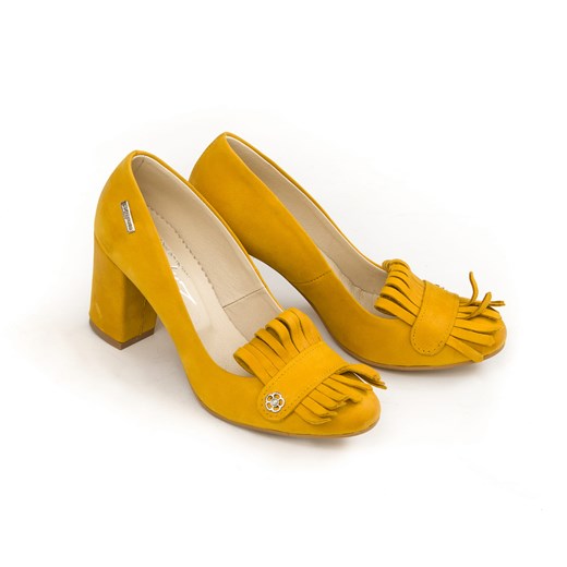 nubukowe czółenka z frędzlami - skóra naturalna - model 043 - kolor żółty Zapato  36 zapato.com.pl