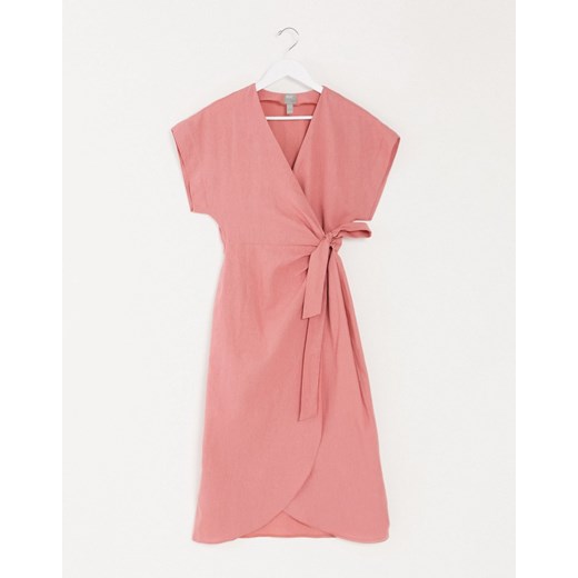 ASOS DESIGN – Lniana sukienka midi o kopertowym fasonie-Różowy