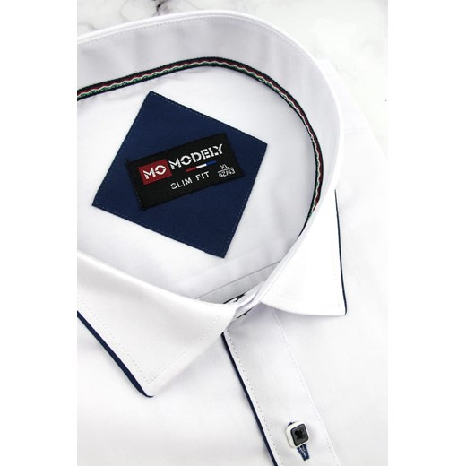 Duża Koszula Męska Modely gładka biała z granatową lamówką z krótkim rękawem Duże rozmiary N029  Modely 6XL swiat-koszul.pl promocja 