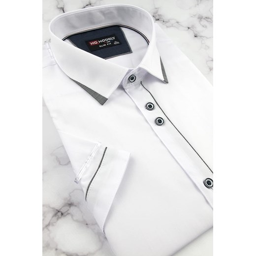 Duża Koszula Męska Modely gładka biała z szarą lamówką z krótkim rękawem Duże rozmiary N030 Modely  4XL promocja swiat-koszul.pl 