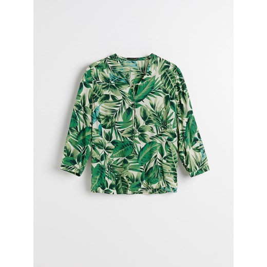 Bluzka damska Reserved zielona wiosenna z długim rękawem z dekoltem v 