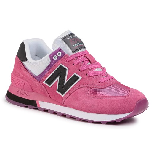 Różowe buty sportowe damskie New Balance w stylu casual ze skóry ekologicznej wiązane na płaskiej podeszwie 