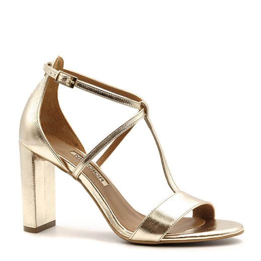 Złote skórzane sandały z paskami na wysokim słupku 33D ze sklepu NESCIOR w kategorii Sandały damskie - zdjęcie 86365036