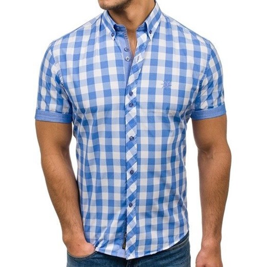 Koszula męska w kratę z krótkim rękawem błękitna Bolf 6522