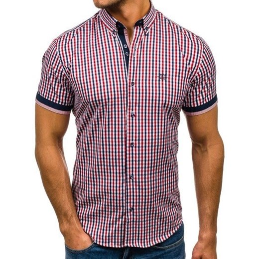 Koszula męska w kratę z krótkim rękawem czerwona Bolf 4510