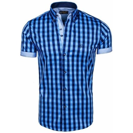 Koszula męska w kratę z krótkim rękawem niebieska Bolf 4508