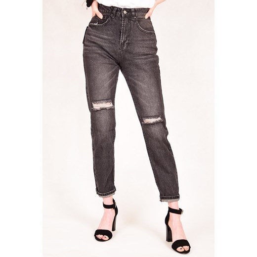 Ciemnoszare spodnie jeansowe typu mom fit   L berry.com.pl