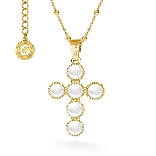Naszyjnik krzyżyk z perłami, srebro 925 GAVBARI : Perła - kolory - GAVBARI hodowane białe, Srebro - kolor pokrycia - Pokrycie żółtym 18K złotem