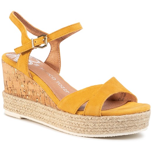 Sandały damskie żółte na średnim obcasie gładkie tkaninowe na lato 