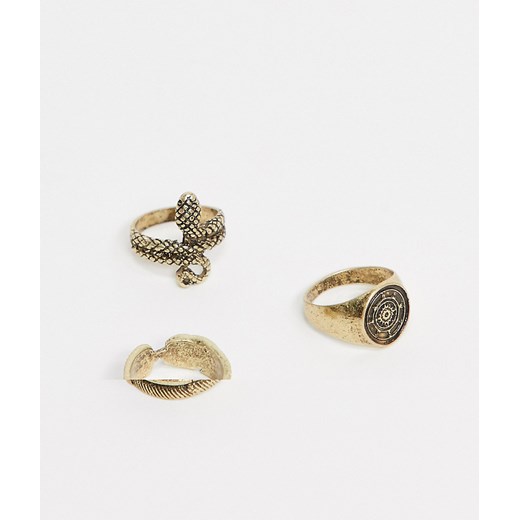 ASOS DESIGN – Zestaw pierścionków w kolorze polerowanego złota z motywami węża, kompasu i pióra-Złoty  asos S/M Asos Poland