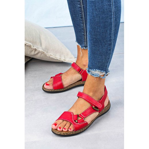 Sandały damskie czerwone Sergio Leone na rzepy casualowe na lato bez wzorów na koturnie 