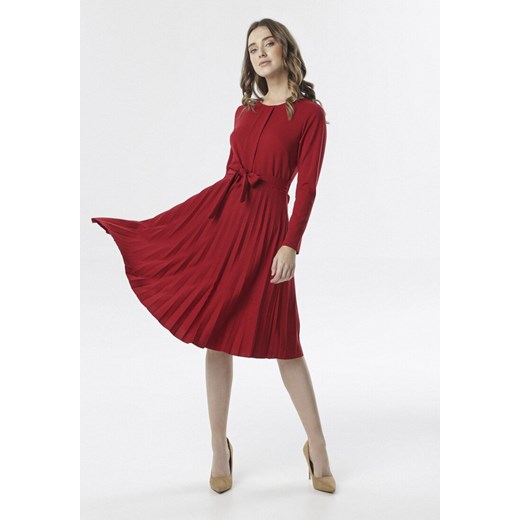 Bordowa Sukienka Pleated Belted