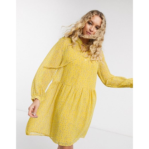 Only – Żółta obszerna sukienka z szyfonu z wiązaniem przy dekolcie i nadrukiem w kwiatki-Wielokolorowy