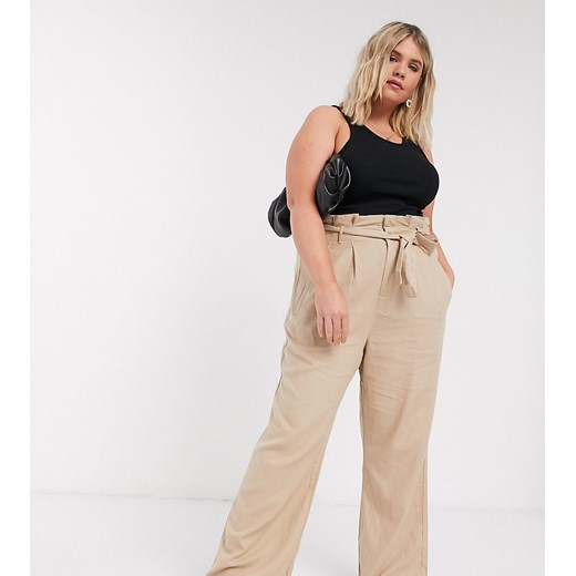Vero Moda Curve – Spodnie z wiązaną talią paperbag-Beżowy