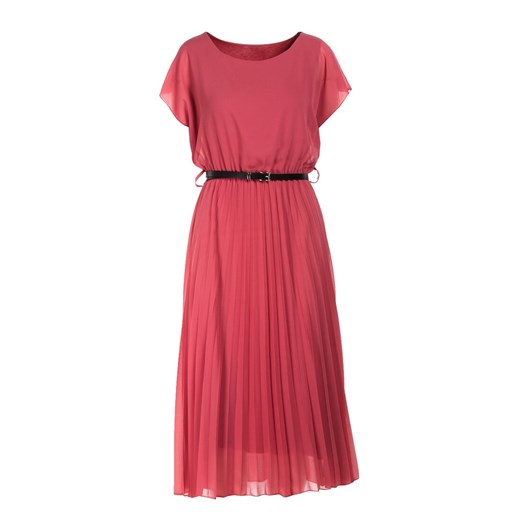 Sukienka Renee różowa z krótkimi rękawami midi z okrągłym dekoltem elegancka 