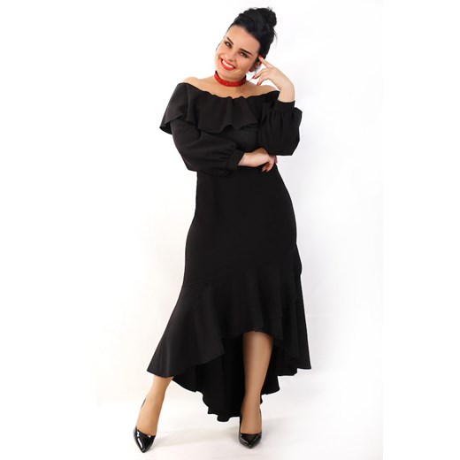 Sukienka Oscar Fashion czarna z dekoltem typu hiszpanka asymetryczna 