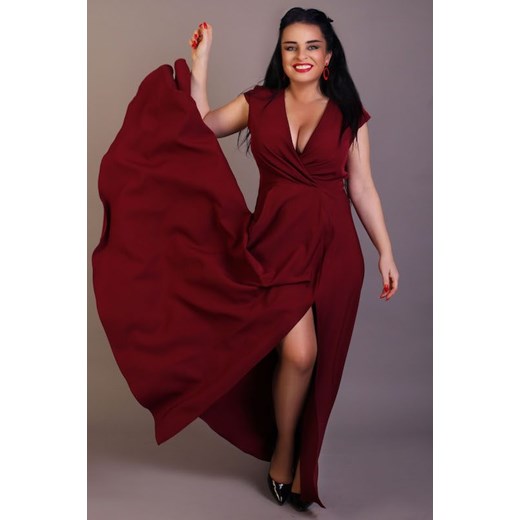 Oscar Fashion sukienka elegancka czerwona maxi z długimi rękawami z dekoltem w literę v 