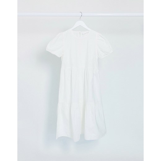 Vila – Biała popelinowa luźna sukienka midi z kaskadowym dołem-Biały