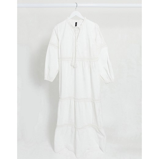 Y.A.S – Biała sukienka maxi z bawełny z haftem angielskim i wiązaniem-Biały