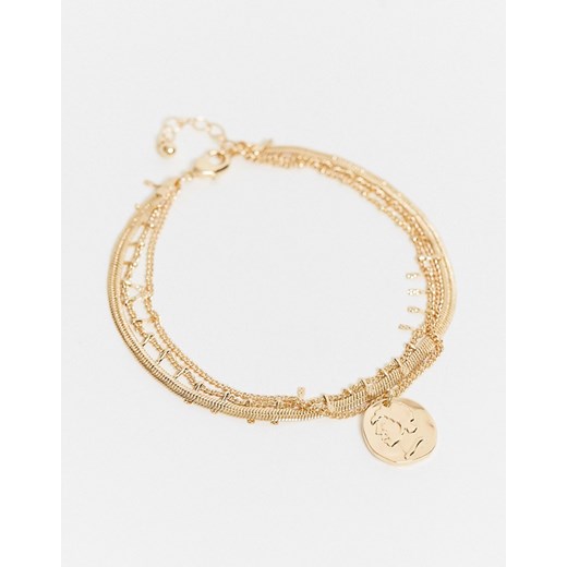 ASOS DESIGN – Wielowarstwowa bransoletka na kostkę w złotym kolorze z zawieszką w kształcie monety i łańcuszkiem typu wężyk