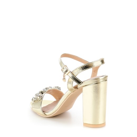 Primamoda sandały damskie złote na wysokim obcasie na słupku z klamrą skórzane eleganckie 