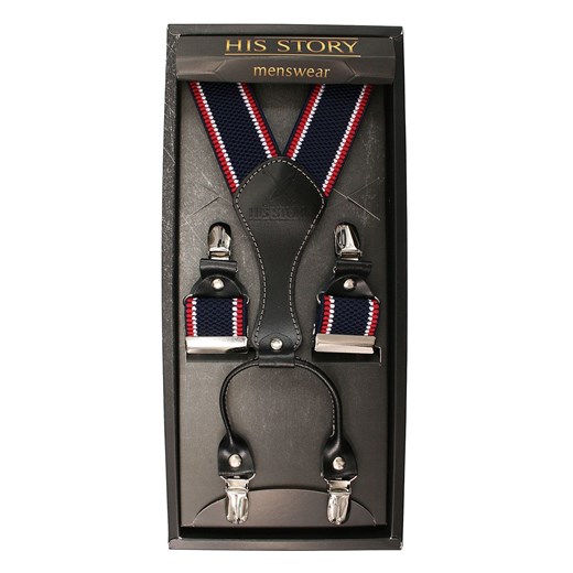 Granatowo-Biało-Czerwone Szerokie Szelki Męskie, Skóra Naturalna -HIS STORY- Stylowe, z Lamówką SZHSTR0041 ze sklepu JegoSzafa.pl w kategorii Szelki - zdjęcie 87548909
