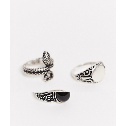 ASOS DESIGN – Zestaw pierścionków w kolorze polerowanego srebra z motywem węża i czarnym oczkiem-Srebrny asos  S/M Asos Poland