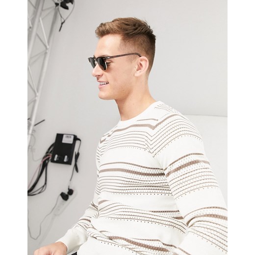 Gianni Feraud – Brązowy, szydełkowy sweter w paski z okrągłym dekoltem-Biały