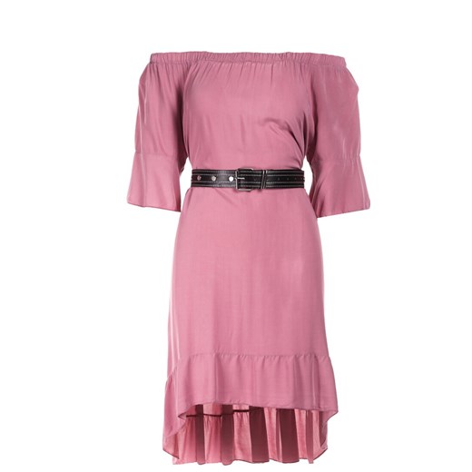 Sukienka Renee różowa z długimi rękawami mini asymetryczna z dekoltem typu hiszpanka 
