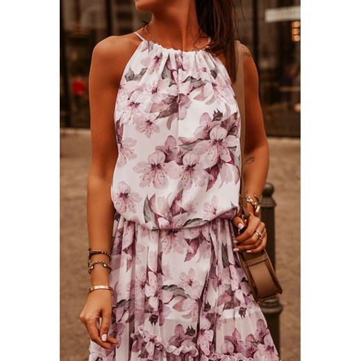 Sukienka Shopaholics Dream z dekoltem halter bez rękawów różowa na spacer w kwiaty asymetryczna 