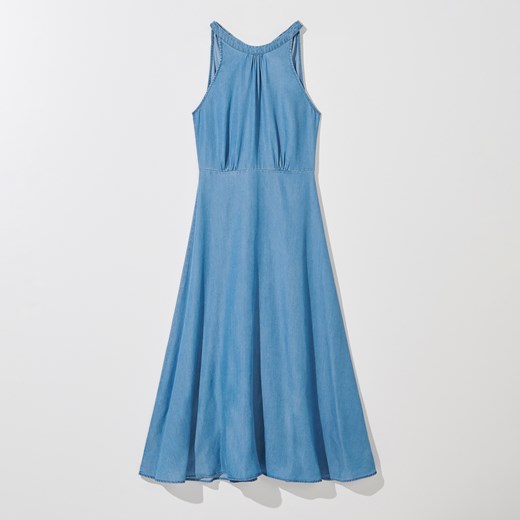 Mohito sukienka bez rękawów niebieska trapezowa midi z okrągłym dekoltem 