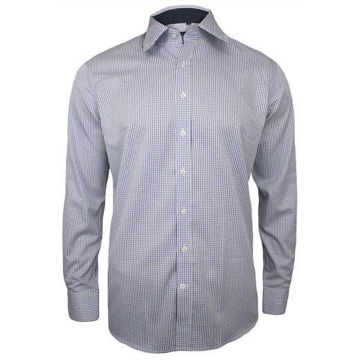 Biała Koszula Męska w Granatowo-Niebieską Kratkę z Długim Rękawem, 100% Bawełna -RANIR- Taliowana KSDWRANIRM3D03C ze sklepu JegoSzafa.pl w kategorii Koszule męskie - zdjęcie 88134687