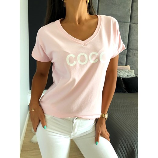 Pudrowy T-shirt z Nadrukiem 4327-310-D Modnakiecka.pl uniwersalny